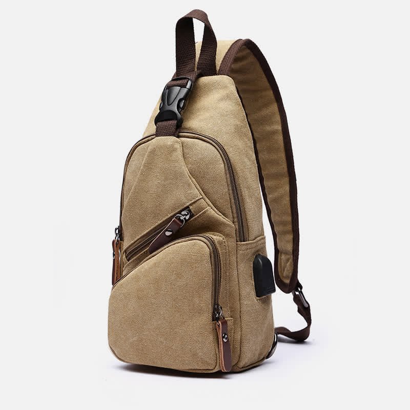 Canvas Sling Bag Crossbody Backpack – Casual Rucksack with USB Charging Port - VOTVO