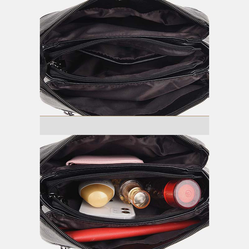 Triple Compartment Leather Handbag for Women Small Casual Crossbody Shoulder Bag
