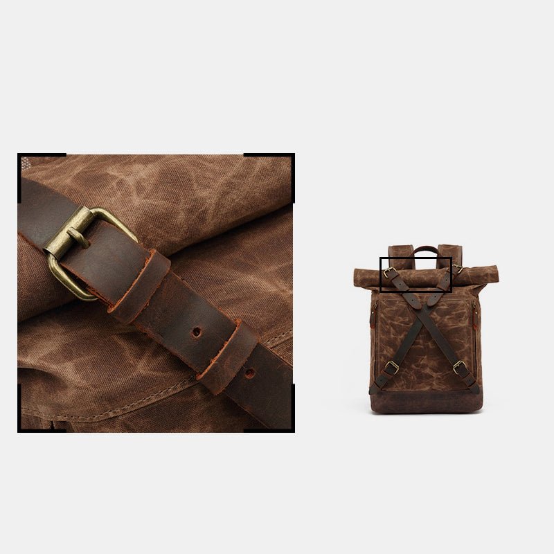 Unisxe Leather Canvas Waxed Backpack Travel Rucksack Waterproof Laptop Bag - VOTVO