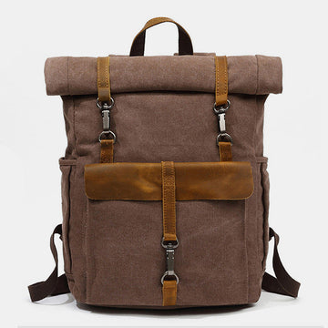 Unisex Canvas & Leather Hiking Travel Backpack – Durable Rucksack School Bag Daypack