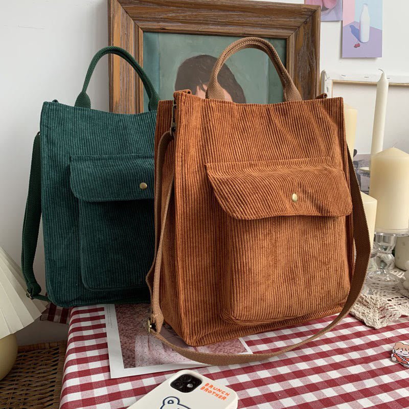 Vintage Corduroy Tote Bag for Women – Crossbody Handbag with Adjustable Strap for Daily Use, Travel, and Shopping - VOTVO
