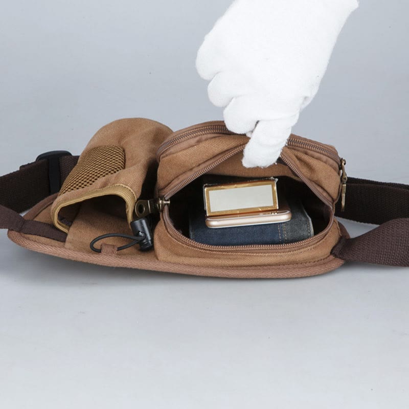 Small Waist Bag for Men – Outdoor Riding Canvas Sports Bag with Bottle Pocket