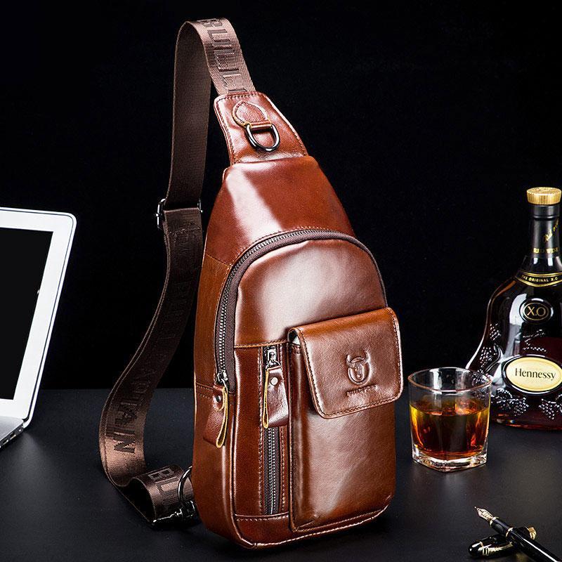 Genuine Leather Sling Chest Bag with Earphone Hole – Stylish & Practical Crossbody Shoulder Bag - VOTVO