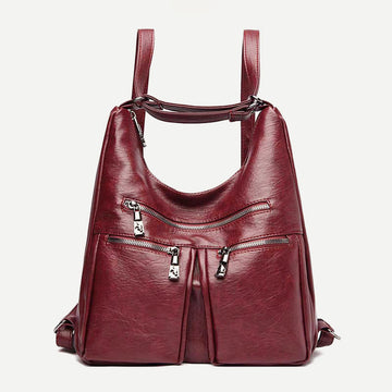 3-Way Use Backpack Multi-Pocket Leather Zip Crossbody Shoulder Bag