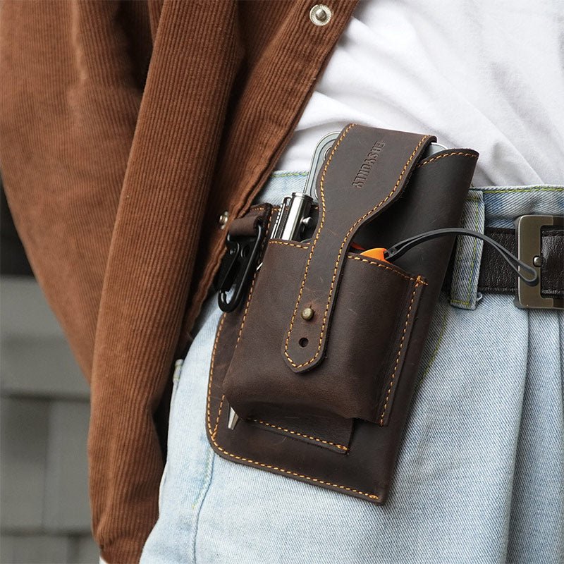 Vintage Leather Waist Phone Bag with Keychain | Outdoor Activity & Daily Use | Genuine Leather - VOTVO