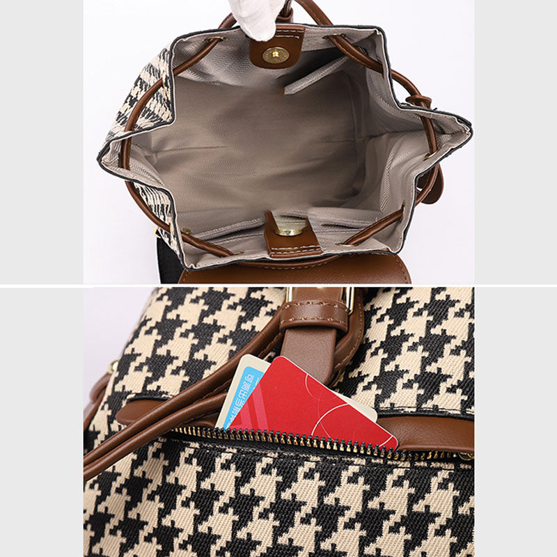 Women's Mini Backpack Purse with Houndstooth Print – Flap Daypack Leather Shoulder Bag
