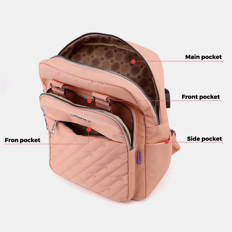 Lightweight Embossed Embroidery Backpack with USB Charging Port – Perfect for Women on the Go - VOTVO